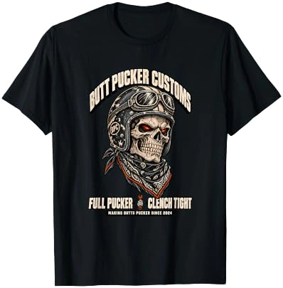 Black Butt Pucker Customs T-shirt from the Amazon listing, with the Clencher skull and Full Pucker, Clench Tight hand-and-wrench tagline