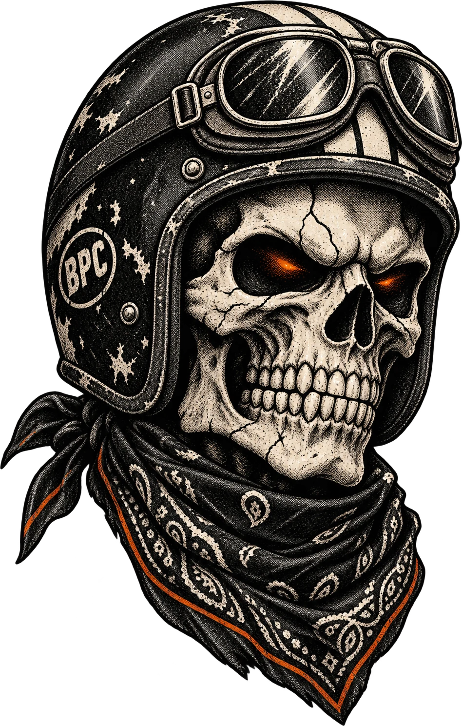The Clencher: a grinning skull in a scuffed BPC helmet, goggles and bandana