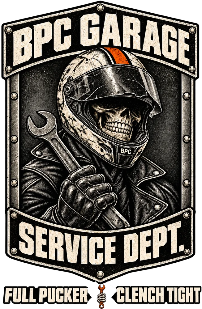 BPC Garage Service Dept. artwork with a helmeted skull mechanic holding a wrench